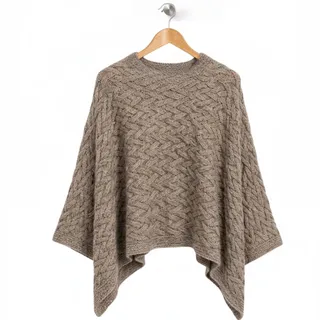 Photo of Kilronan Merino Wool Aran Cable Knit Poncho Taupe Size M/L