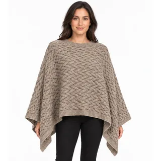 Photo of Kilronan Merino Wool Aran Cable Knit Poncho Taupe Size M/L