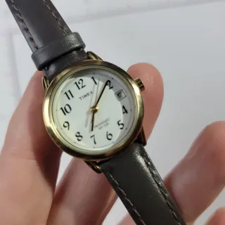 Photo of Vintage Timex Indiglo Womens Watch Gold Tone White Dial Brown Leather Strap