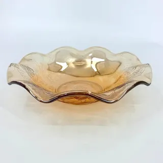Photo of Vintage Apricot Honey color pressed glass Floral Decor Bowl Ruffled edge
