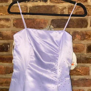 Photo of Rebecca FLAWED Lilac Purple White Satin Embellished Gown Dress Womens Size Small