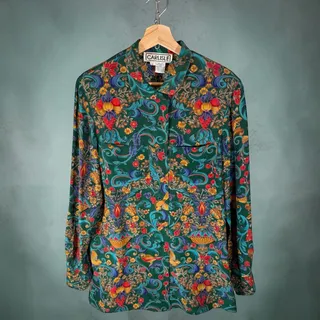 Photo of Carlisle VTG Women's 4 Green Mulitcolored Floral 100% Silk L/S Blouse Shacket
