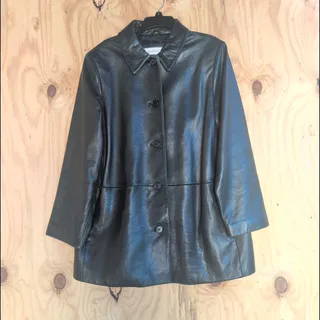 Photo of Liz Claiborne 100% Leather Coat Black Button Up Women's XL