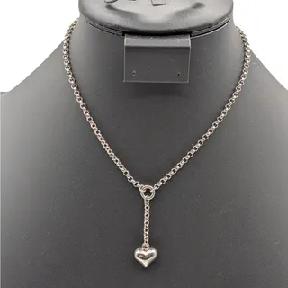 Photo of 925 Sterling Silver Y Drop Heart Dangle Rolo Link 15.5" Chain Necklace