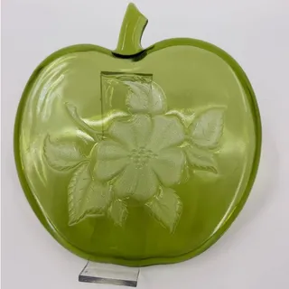 Photo of Vintage Green Glass Apple Plate Floral Embossed 9" Decorative Dish 