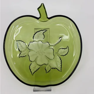 Photo of Vintage Green Glass Apple Plate Floral Embossed 9" Decorative Dish 