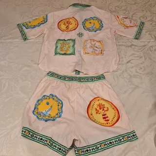 Photo of Cream Unique Women's Ethnic Mediterranean Print Large Shirt & Shorts Set