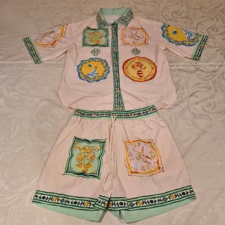 Photo of Cream Unique Women's Ethnic Mediterranean Print Large Shirt & Shorts Set