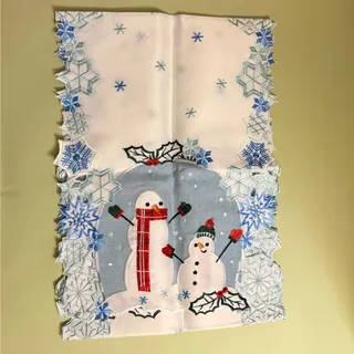 Photo of Embroidered Linen Snowman with Blue Snowflakes Christmas Table Runner