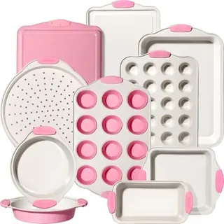 Photo of 22 PCS Nonstick Baking Pans Set, Stackable Bakeware with Silicone Handles, Pink