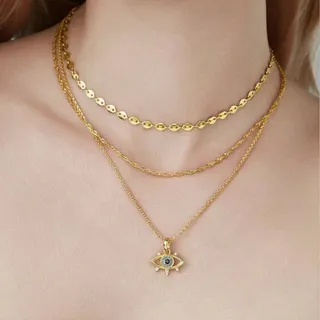 Photo of Cicy Bell Evil Eye Layered Necklace 18K Gold Plated Turquoise CZ Pendant. New