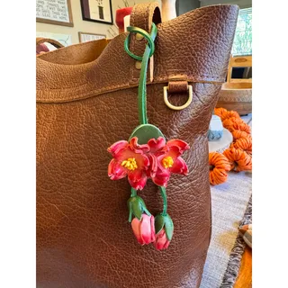 Photo of Genuine Leather Trailing Pink Flower Purse Charm Leather Bag Charm
