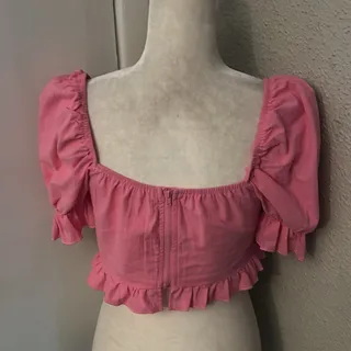 Photo of SHEIN Sweetheart Tie Front Ruffle Trim Crop Top S Barbiecore Bubblegum Festival