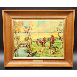 Photo of Vintage J. Pifarré “Hunt in the Park” 12‑Tile Mosaic in Wood Frame 14.25x11.75