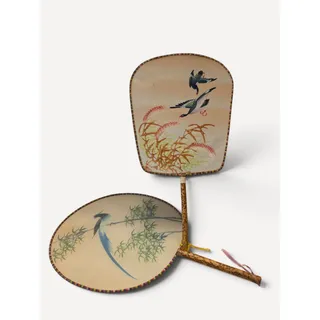 Photo of Vintage Chinese Hand Fans Set of 2 Bird Bamboo Designs Decorative Paddle Fans