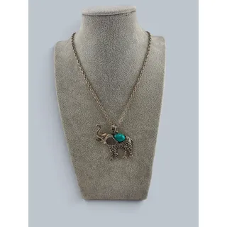 Photo of Silver Tone Elephant Necklace Bracelet Set Blue Howlite Ornate Trunk Up Jewelry