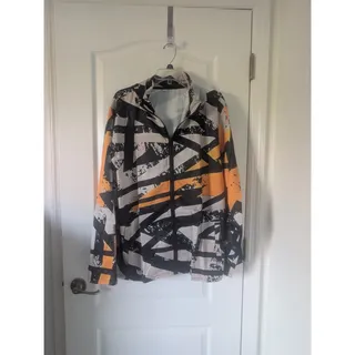 Photo of Windbreaker Geometric Lightweight Mens Sz XL Jacket Black, White, Yellow,Hood