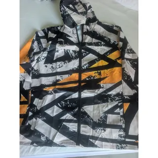 Photo of Windbreaker Geometric Lightweight Mens Sz XL Jacket Black, White, Yellow,Hood