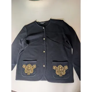 Photo of Vintage Theomiles Navy Blue Women’s knit Cardigan M ornate Gold gem embroidery
