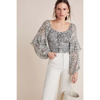 Photo of MISA Los Angeles Helaine Floral Top Women's XS Beige Green Long Tiered Sleeve