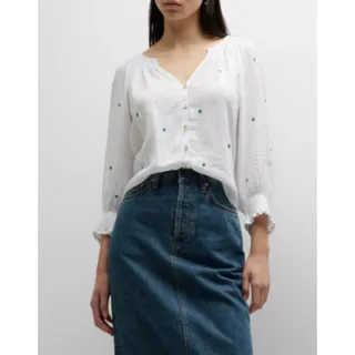 Photo of Rails Mariah Floral-Embroidered Blouse Women's XXS White Green 3/4 Sleeves